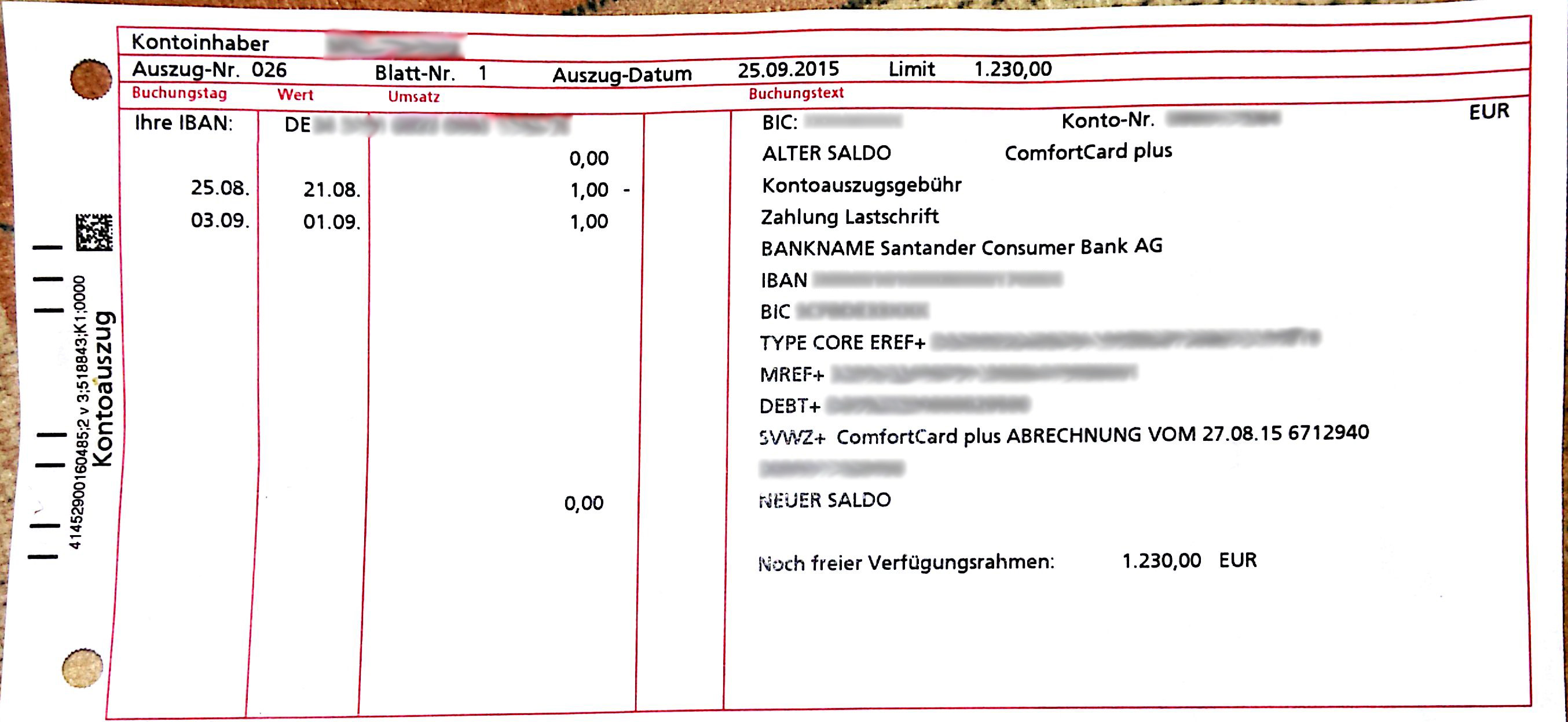 Kontoauszugsgebühr Santander Bank ... auch weiter nachdem der Kredit getilgt ist - Bank & Kredit ...