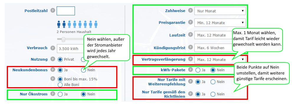 Voreinstellungen auf Check24 Voreinstellungen auf Check24